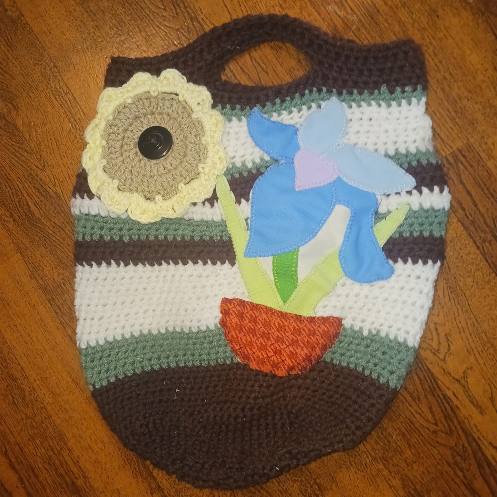 Handmade Crochet Floral Tote Bag Brown Green White Striped Sunflower Applique